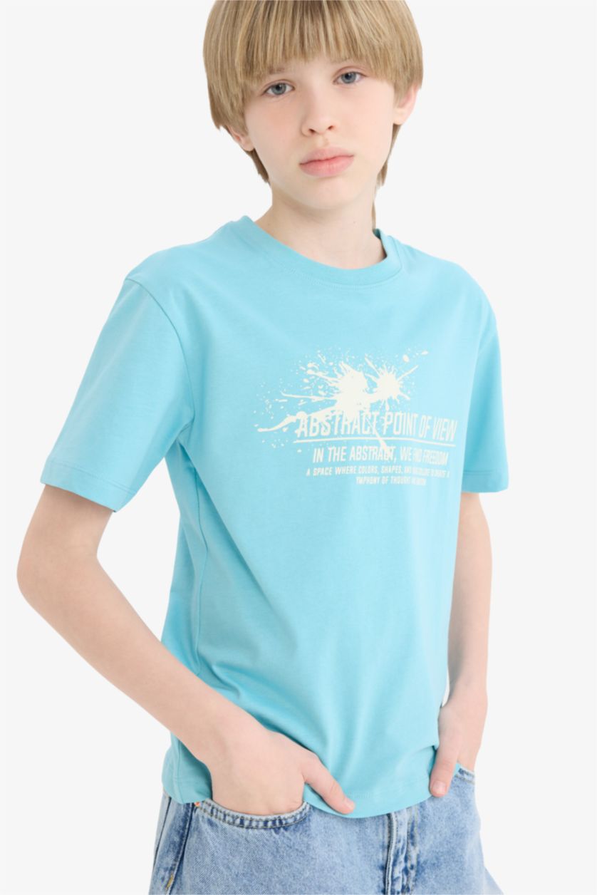 Erkek Çocuk - Genç Erkek Deniz Mavisi Bisiklet Yaka Baskılı Kısa Kollu Tişört Erkek Çocuk