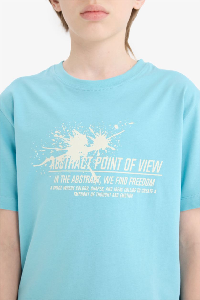 Erkek Çocuk - Genç Erkek Deniz Mavisi Bisiklet Yaka Baskılı Kısa Kollu Tişört Erkek Çocuk