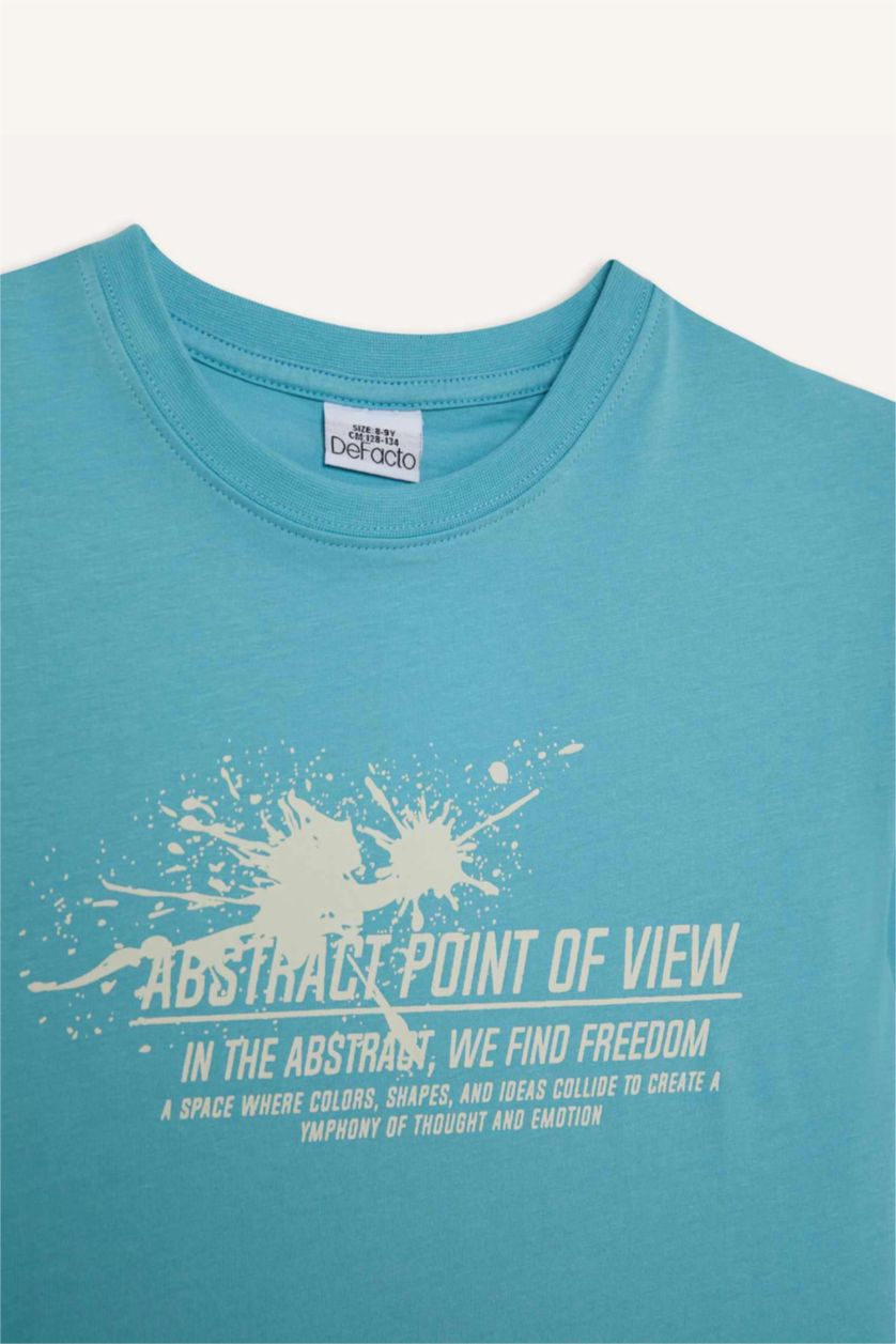 Erkek Çocuk - Genç Erkek Deniz Mavisi Bisiklet Yaka Baskılı Kısa Kollu Tişört Erkek Çocuk