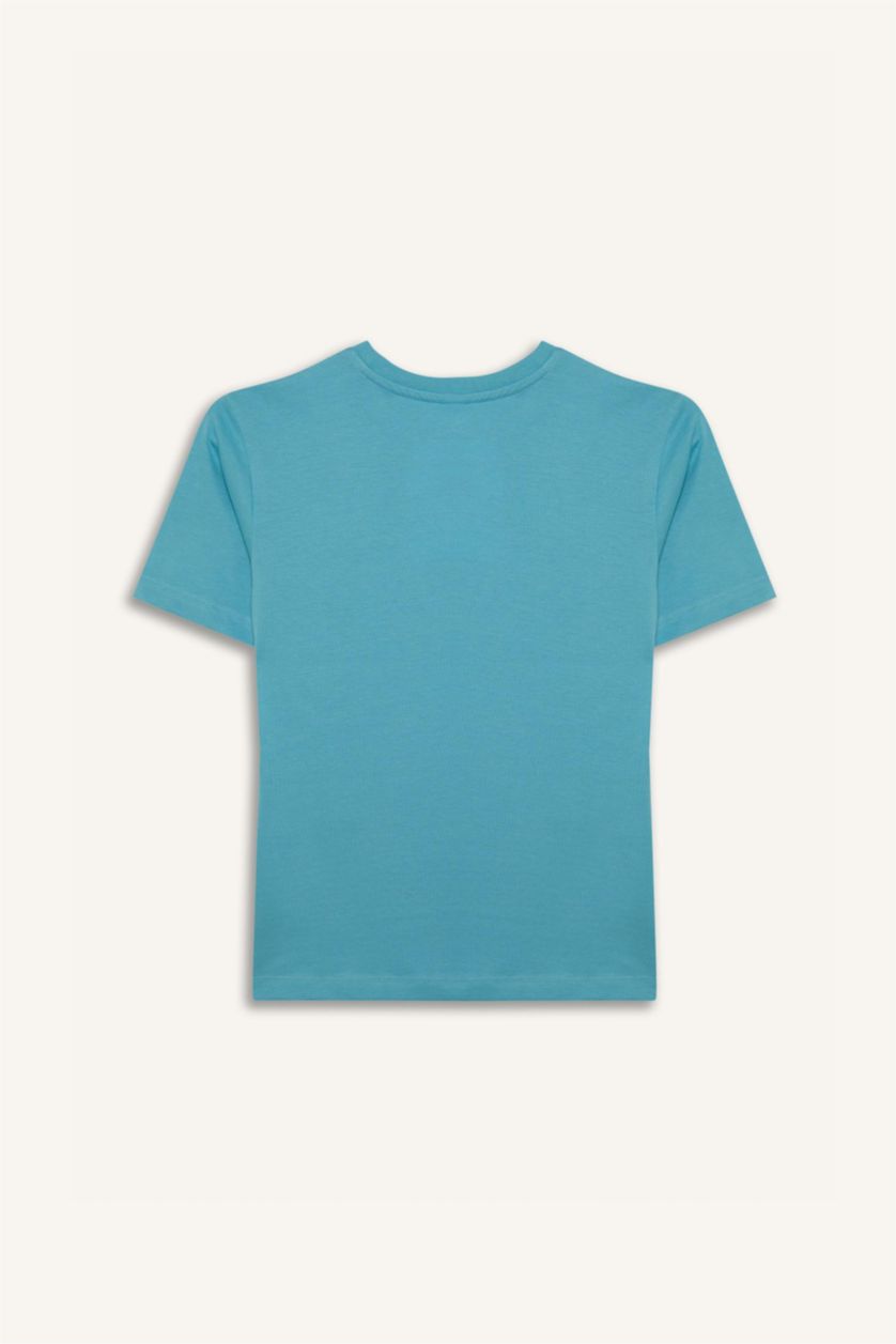 Erkek Çocuk - Genç Erkek Deniz Mavisi Bisiklet Yaka Baskılı Kısa Kollu Tişört Erkek Çocuk