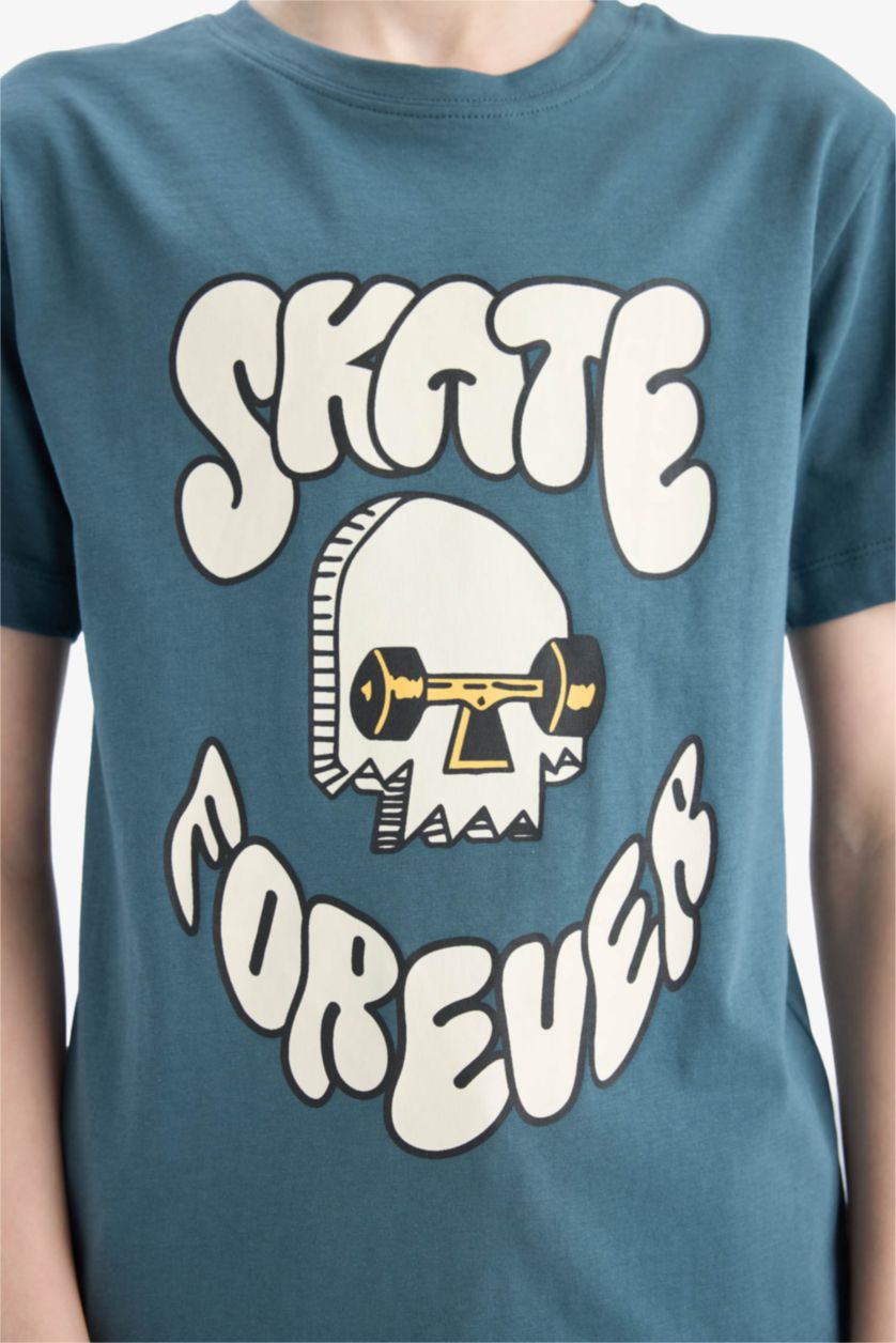 Erkek Çocuk - Genç Erkek Koyu Yeşil Bisiklet Yaka Baskılı Kısa Kollu Tişört Erkek Çocuk