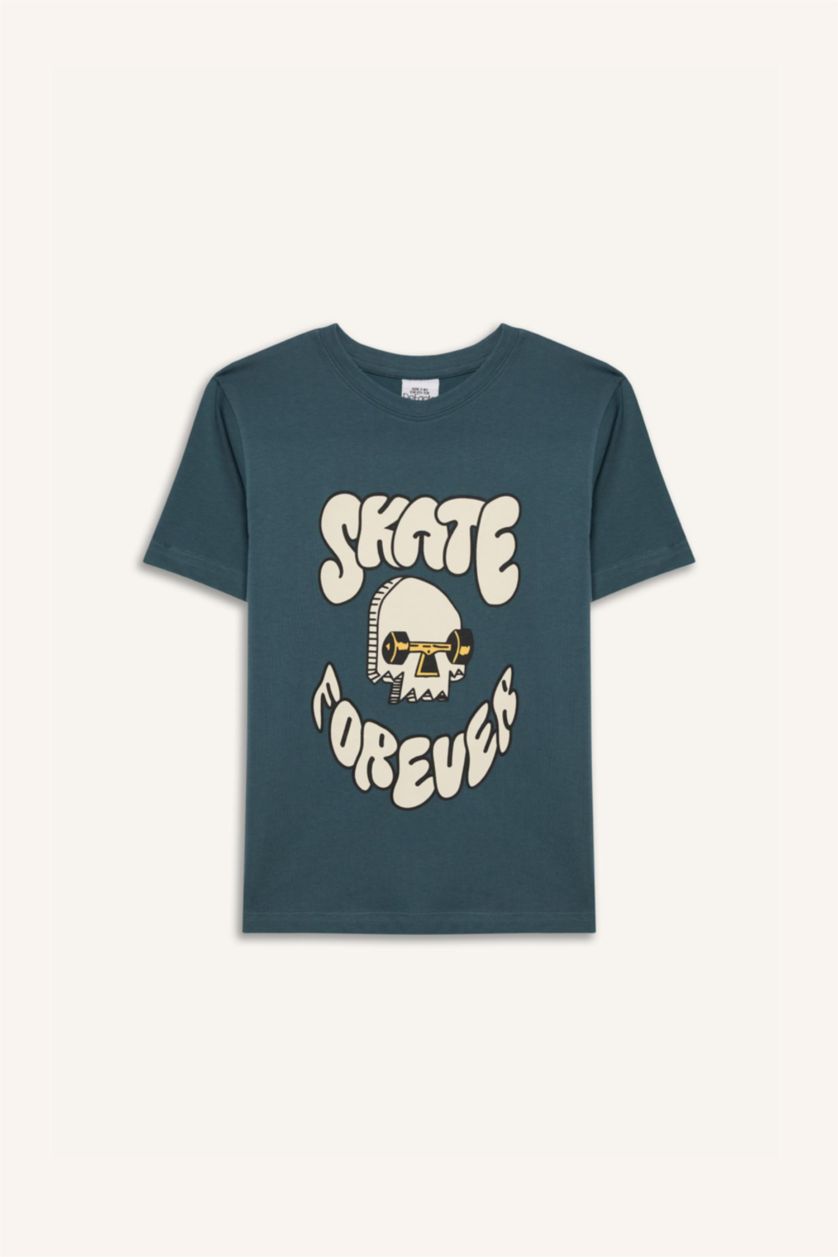 Erkek Çocuk - Genç Erkek Koyu Yeşil Bisiklet Yaka Baskılı Kısa Kollu Tişört Erkek Çocuk