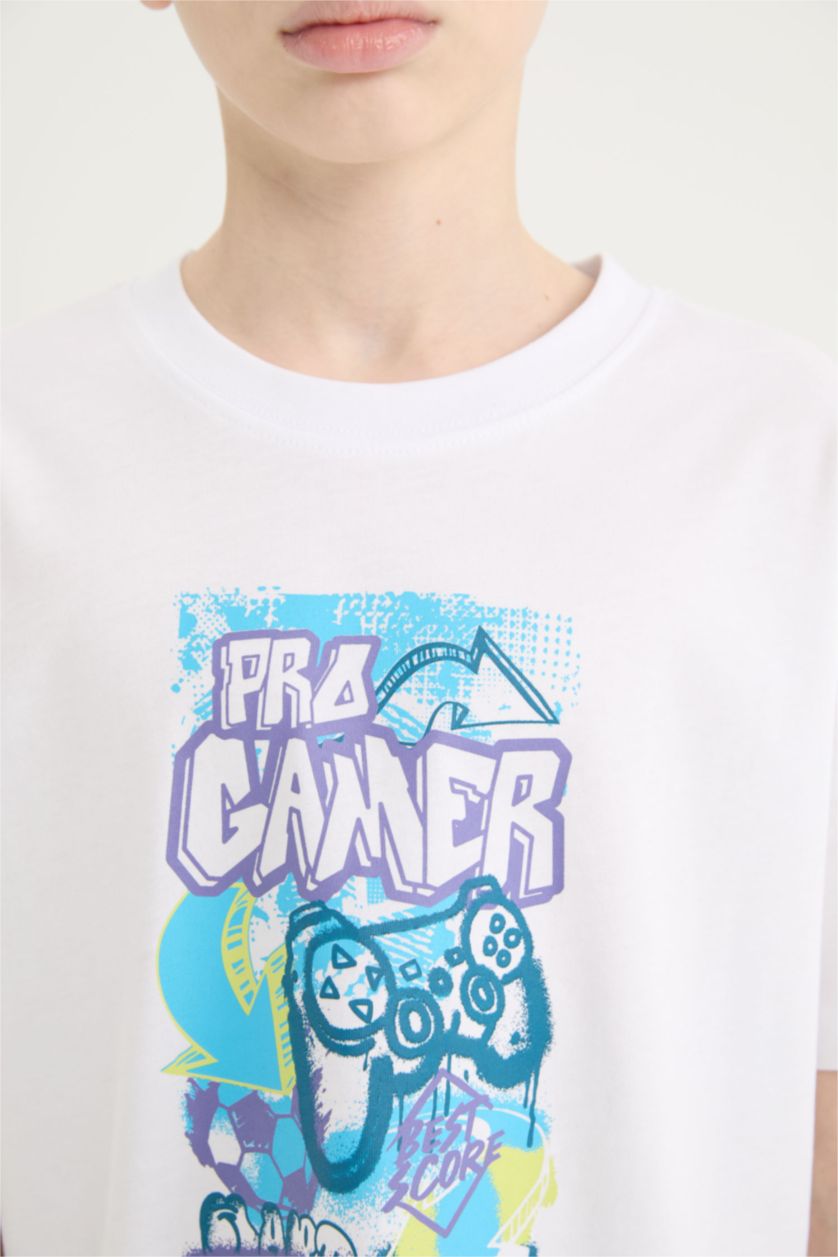 Erkek Çocuk - Genç Erkek Beyaz Bisiklet Yaka Baskılı Kısa Kollu Tişört Erkek Çocuk