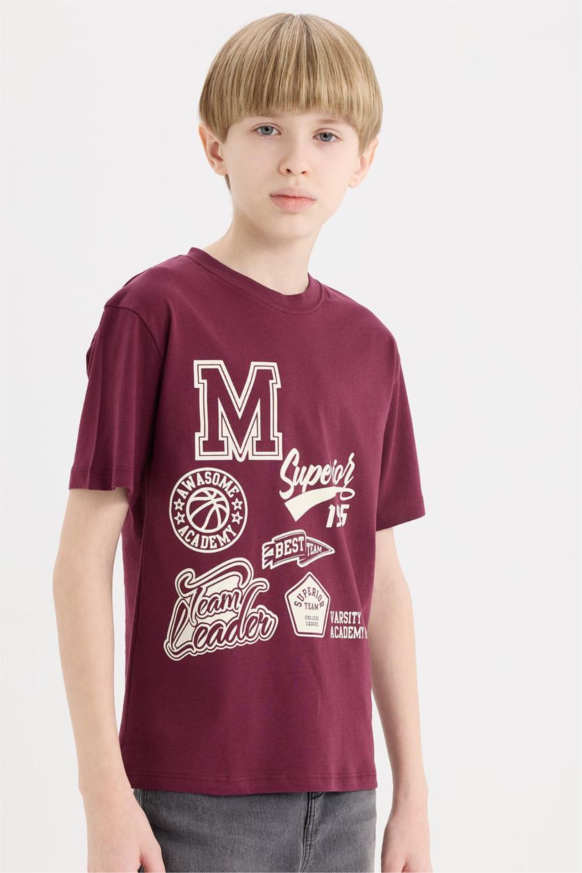 Erkek Çocuk - Genç Erkek Bordo Bisiklet Yaka Baskılı Kısa Kollu Tişört Erkek Çocuk