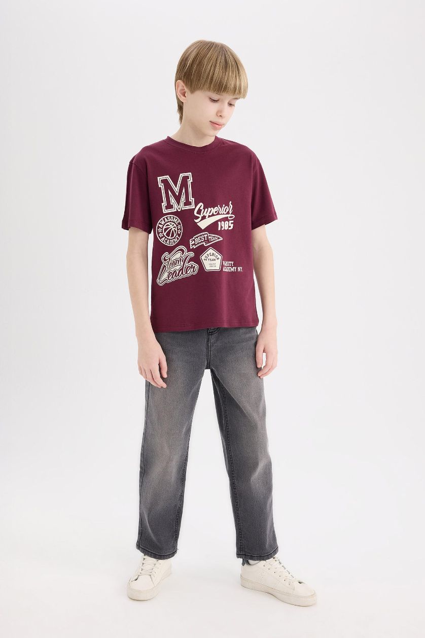 Erkek Çocuk - Genç Erkek Bordo Bisiklet Yaka Baskılı Kısa Kollu Tişört Erkek Çocuk