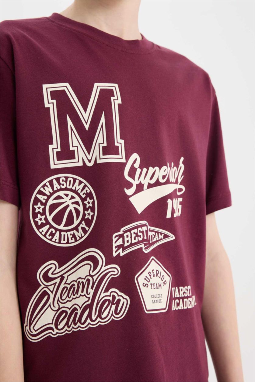 Erkek Çocuk - Genç Erkek Bordo Bisiklet Yaka Baskılı Kısa Kollu Tişört Erkek Çocuk