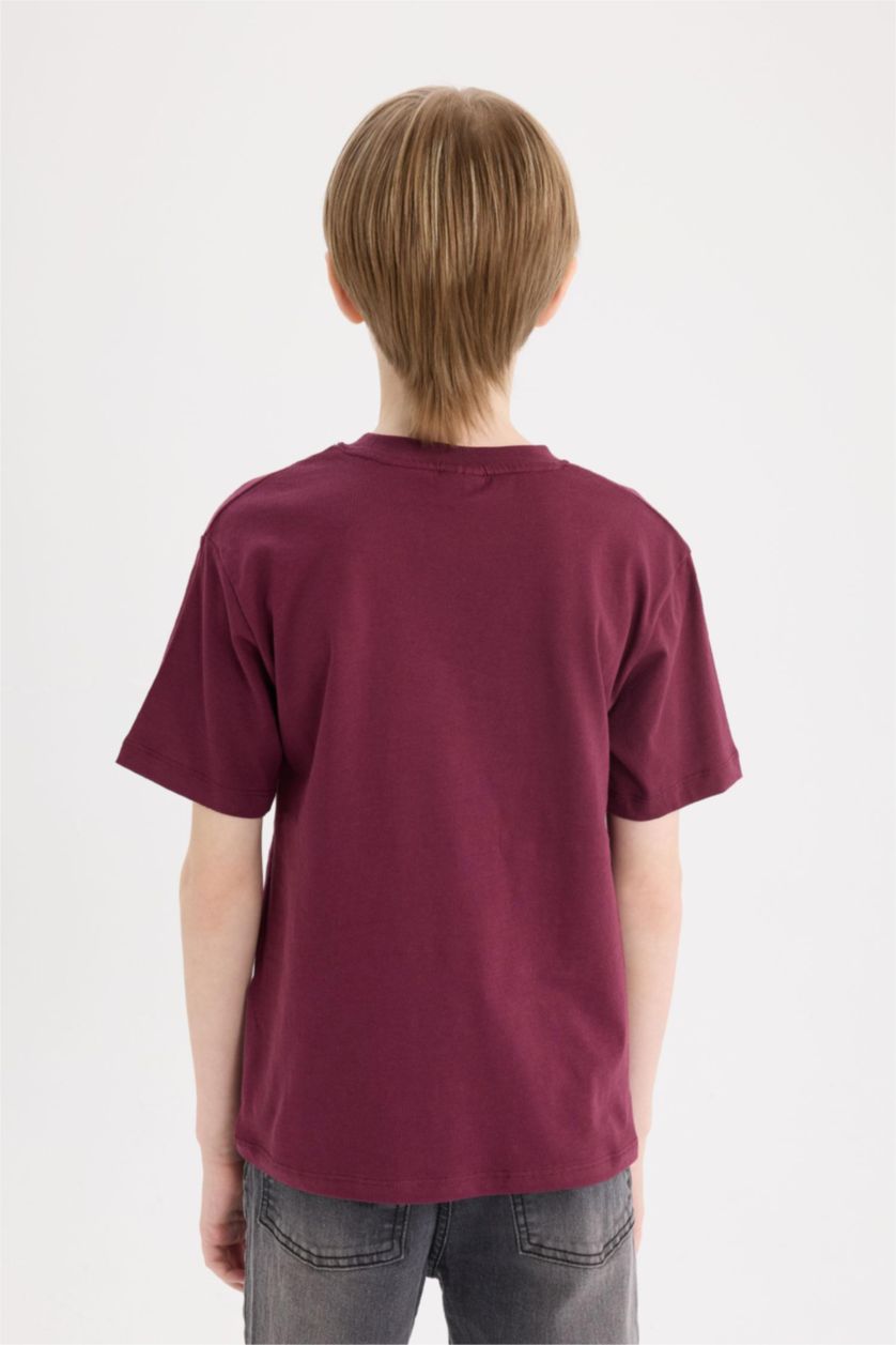Erkek Çocuk - Genç Erkek Bordo Bisiklet Yaka Baskılı Kısa Kollu Tişört Erkek Çocuk