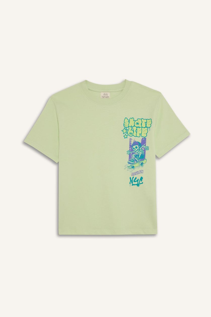 Erkek Çocuk - Genç Erkek Açık Yeşil Bisiklet Yaka Baskılı Kısa Kollu Tişört Erkek Çocuk