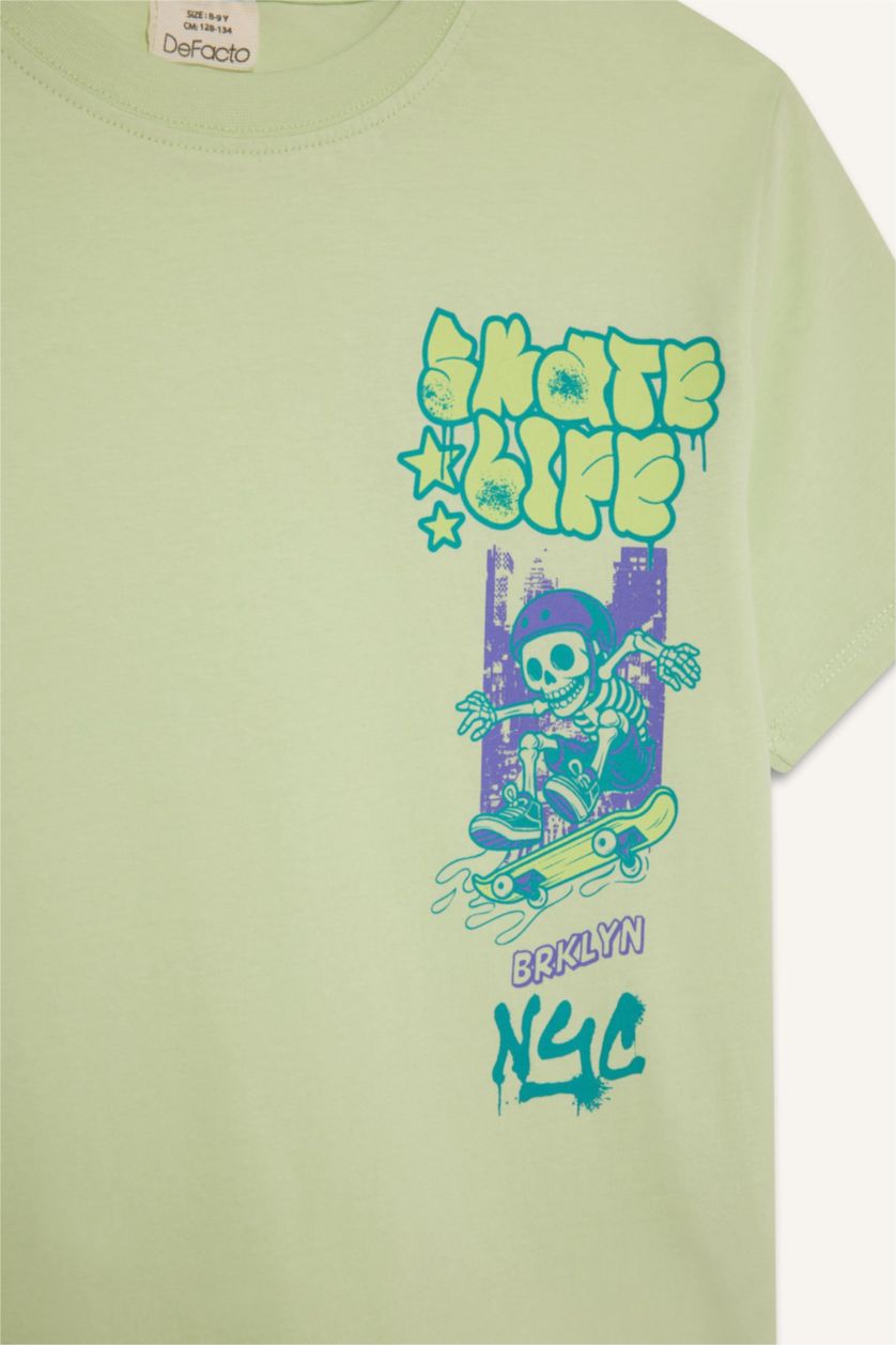 Erkek Çocuk - Genç Erkek Açık Yeşil Bisiklet Yaka Baskılı Kısa Kollu Tişört Erkek Çocuk