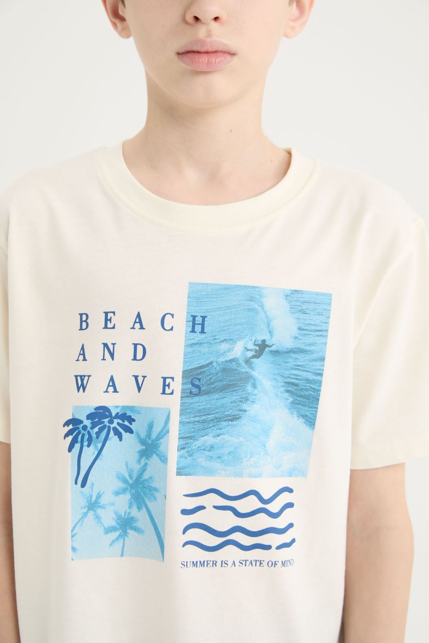 Erkek Çocuk - Genç Erkek Ekru Bisiklet Yaka Baskılı Kısa Kollu Tişört Erkek Çocuk