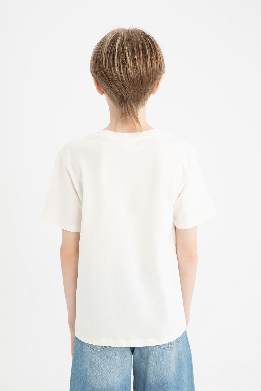 Erkek Çocuk - Genç Erkek Ekru Bisiklet Yaka Baskılı Kısa Kollu Tişört Erkek Çocuk