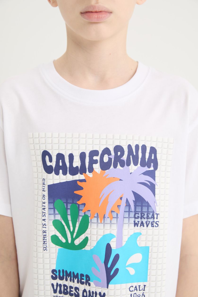 Erkek Çocuk - Genç Erkek Beyaz Bisiklet Yaka Baskılı Kısa Kollu Tişört Erkek Çocuk