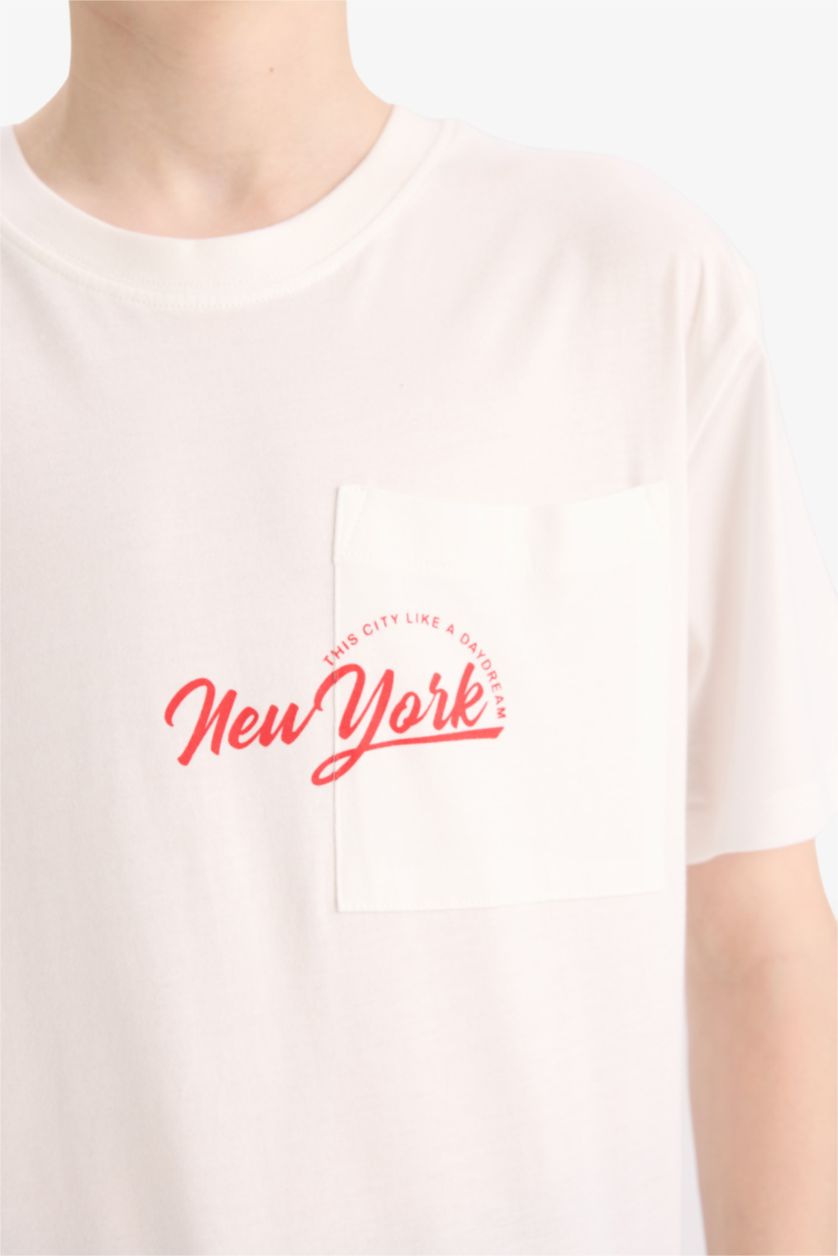 Erkek Çocuk - Genç Erkek Kırık Beyaz Bisiklet Yaka Baskılı Kısa Kollu Tişört Erkek Çocuk