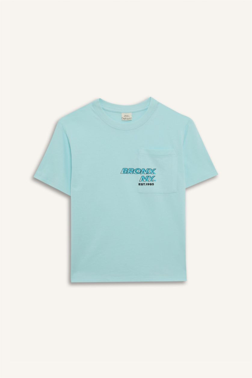 Erkek Çocuk - Genç Erkek Deniz Mavisi Bisiklet Yaka Baskılı Kısa Kollu Tişört Erkek Çocuk