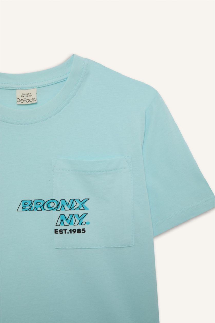 Erkek Çocuk - Genç Erkek Deniz Mavisi Bisiklet Yaka Baskılı Kısa Kollu Tişört Erkek Çocuk