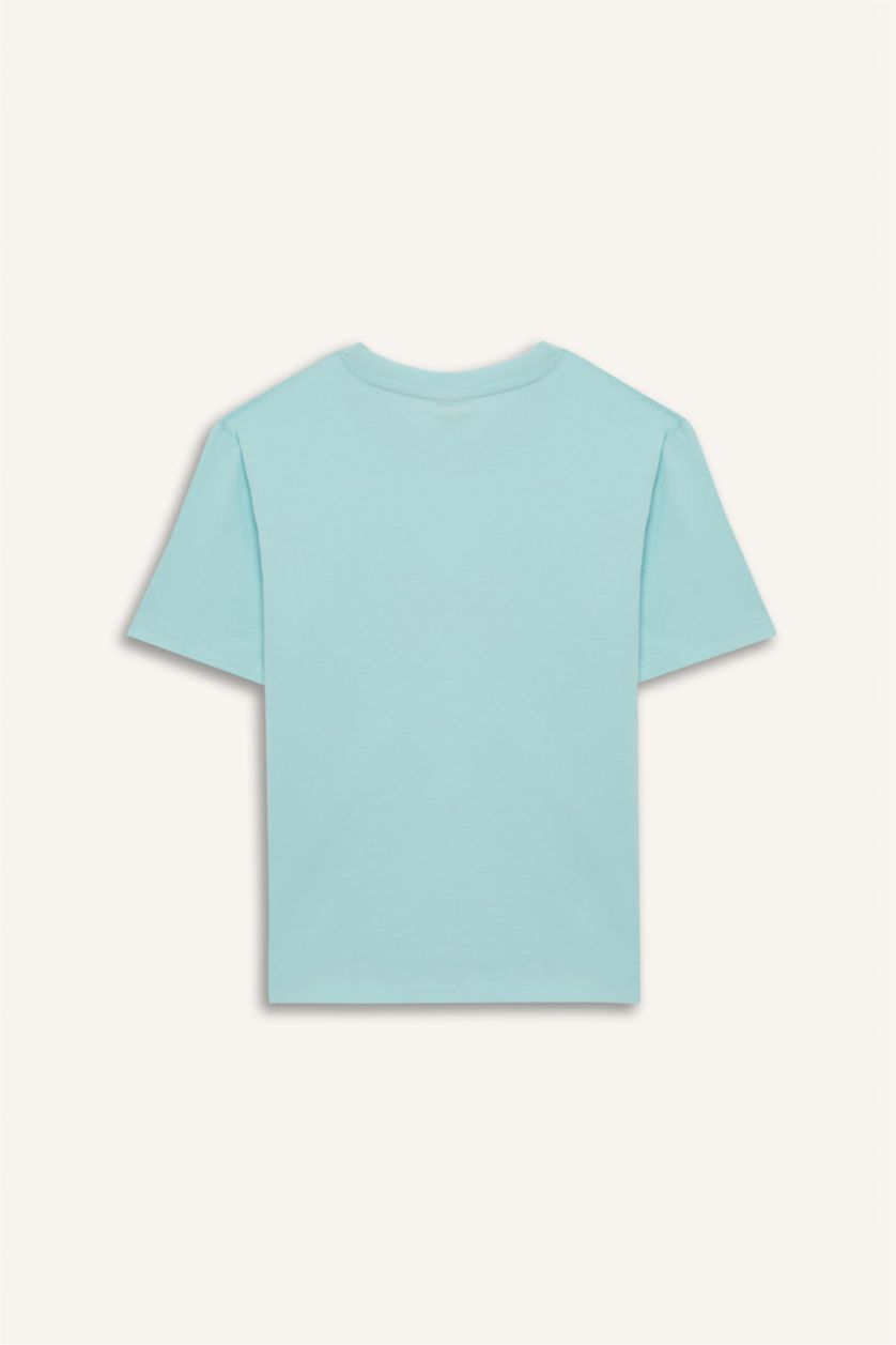 Erkek Çocuk - Genç Erkek Deniz Mavisi Bisiklet Yaka Baskılı Kısa Kollu Tişört Erkek Çocuk