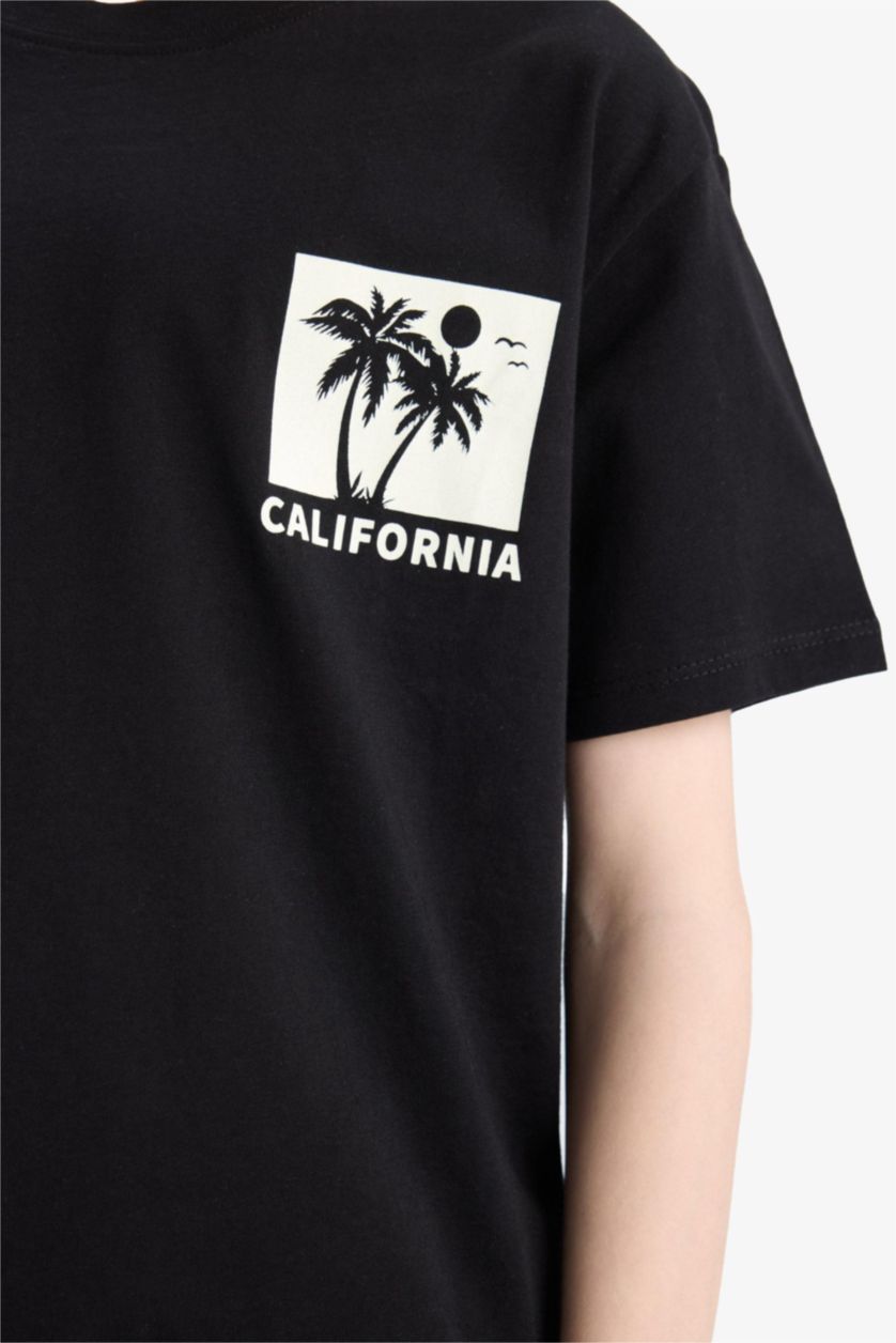 Erkek Çocuk - Genç Erkek Siyah Bisiklet Yaka Sırt Baskılı Kısa Kollu Tişört Erkek Çocuk