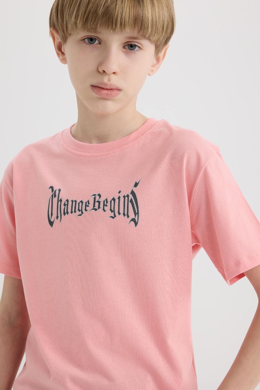 Erkek Çocuk - Genç Erkek Pembe Bisiklet Yaka Sırt Baskılı Kısa Kollu Tişört Erkek Çocuk