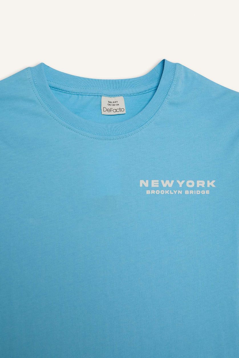 Erkek Çocuk - Genç Erkek Mavi Bisiklet Yaka Baskılı Kısa Kollu Tişört Erkek Çocuk