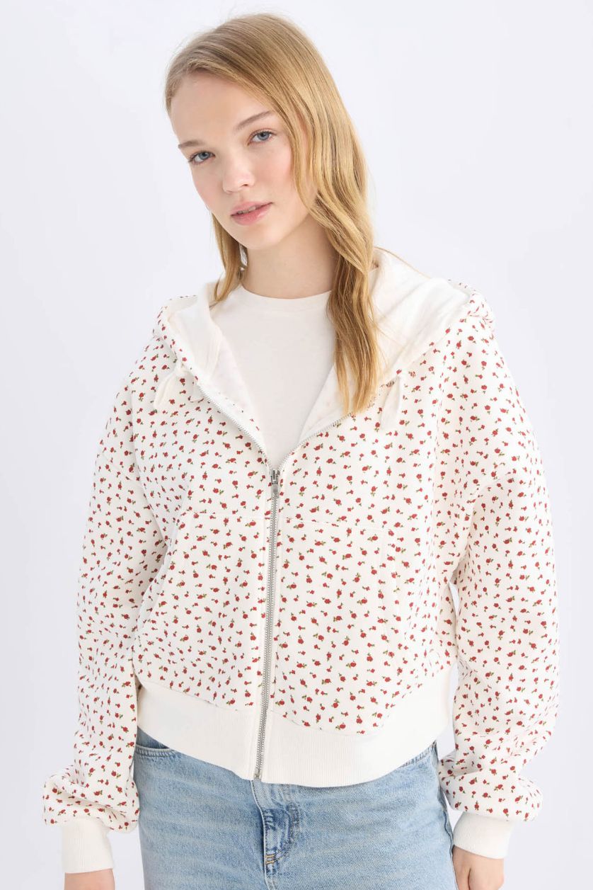 Kadın Kırık Beyaz Loose Fit Desenli Kalın Fermuarlı Sweatshirt