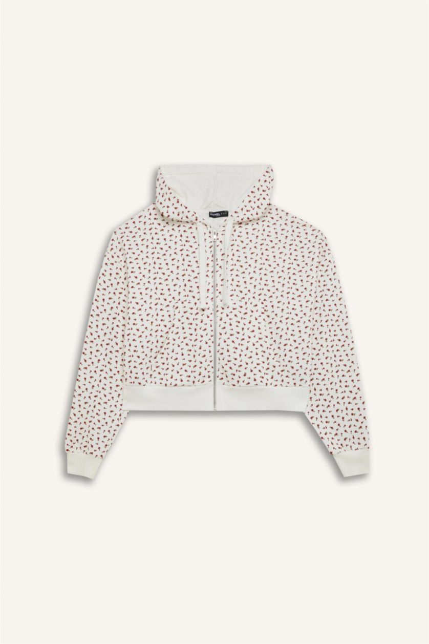 Kadın Kırık Beyaz Loose Fit Desenli Kalın Fermuarlı Sweatshirt