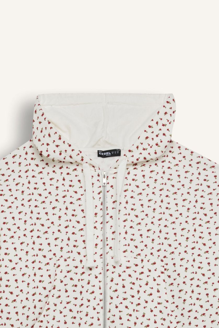 Kadın Kırık Beyaz Loose Fit Desenli Kalın Fermuarlı Sweatshirt