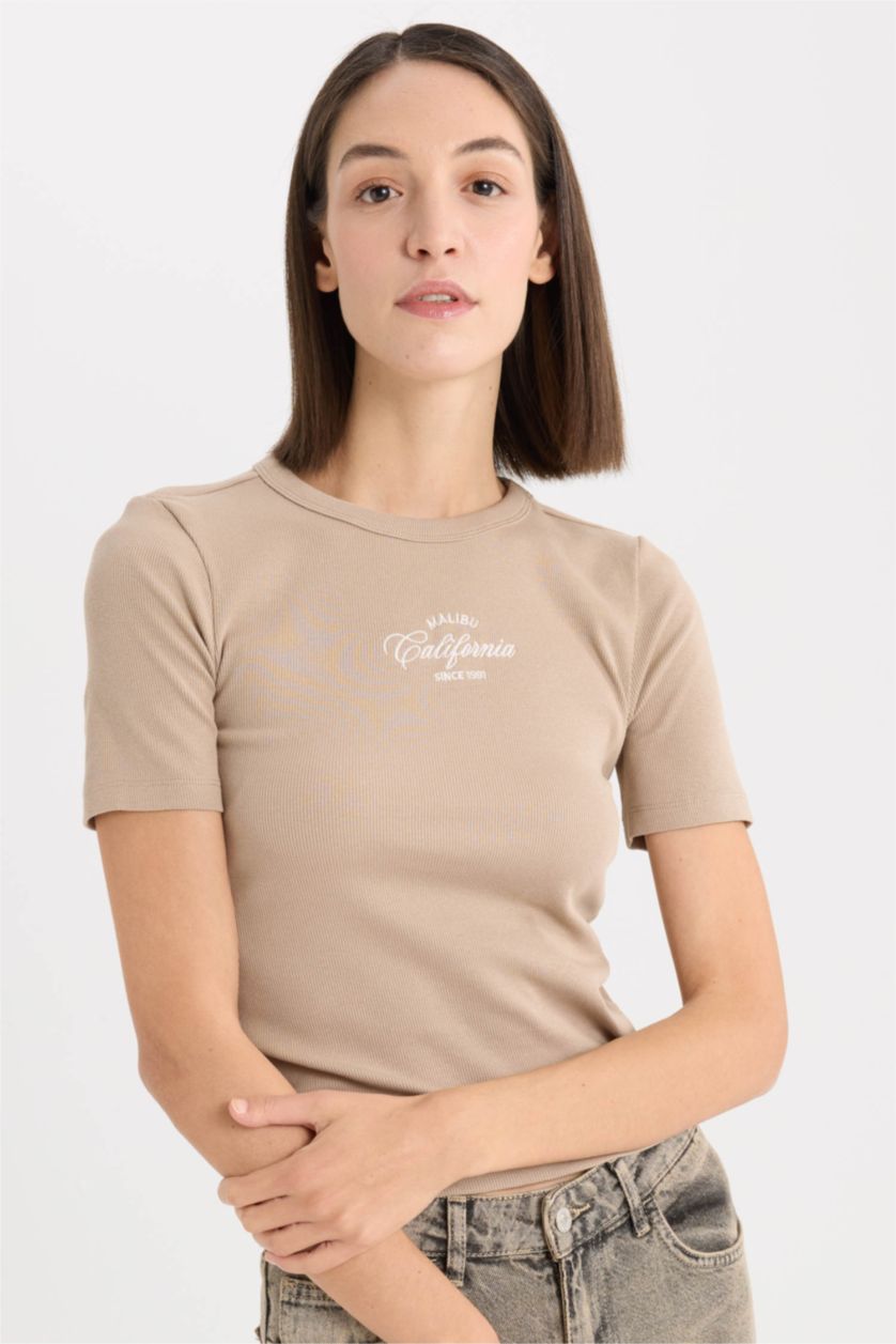 Woman Vison Slim Fit Crew Neck Slogan Camisole Short Sleeve T-Shirt