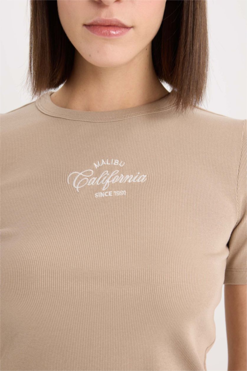 Woman Vison Slim Fit Crew Neck Slogan Camisole Short Sleeve T-Shirt