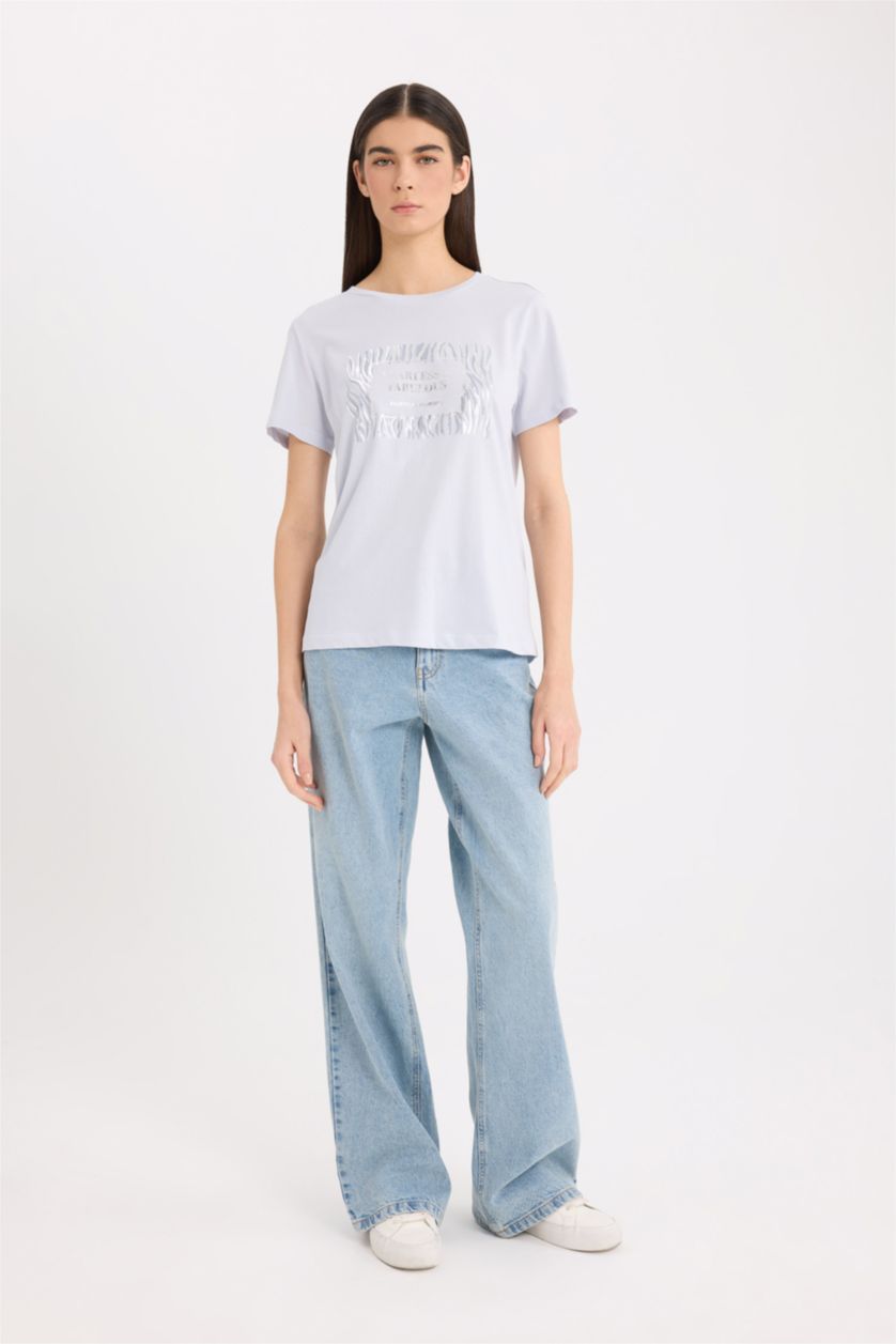 Woman Light Blue Relax Fit Crew Neck Animal Patterned T-Shirt