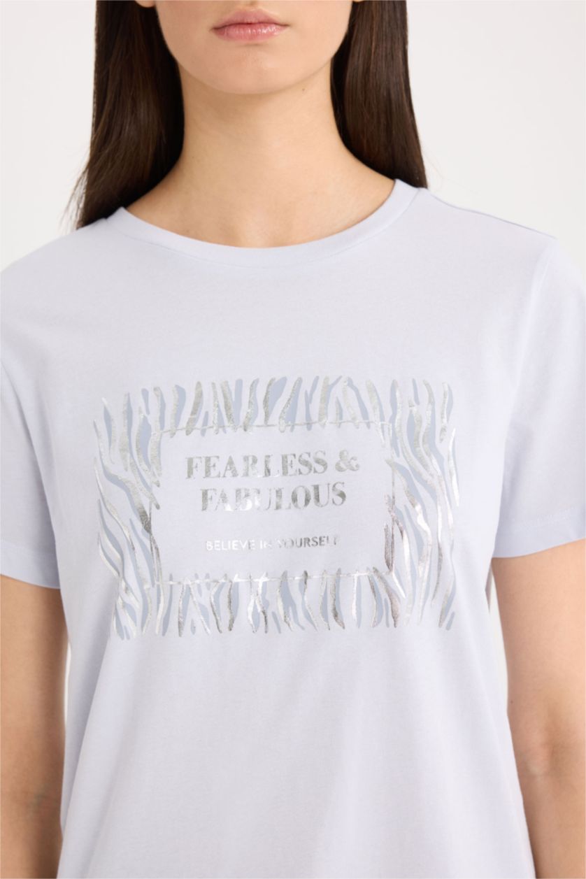 Woman Light Blue Relax Fit Crew Neck Animal Patterned T-Shirt