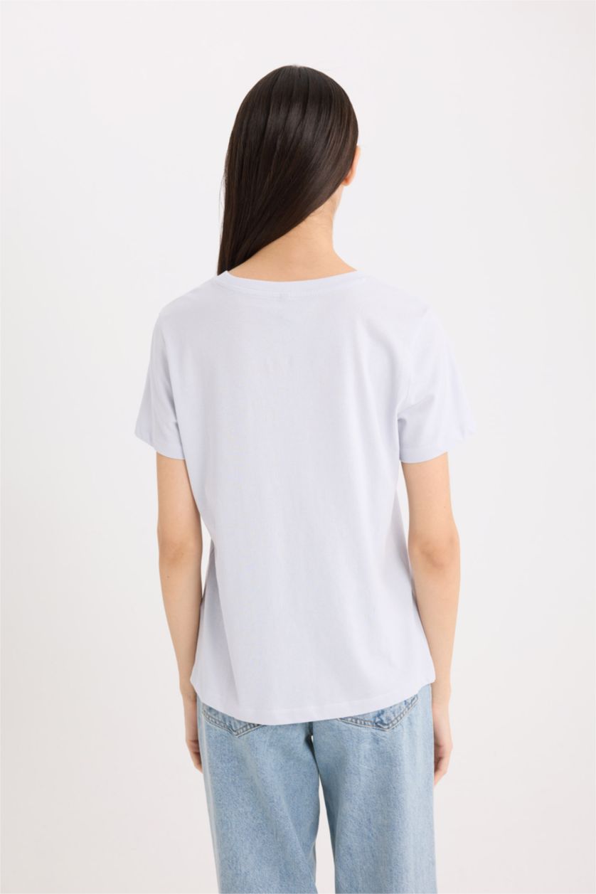 Woman Light Blue Relax Fit Crew Neck Animal Patterned T-Shirt