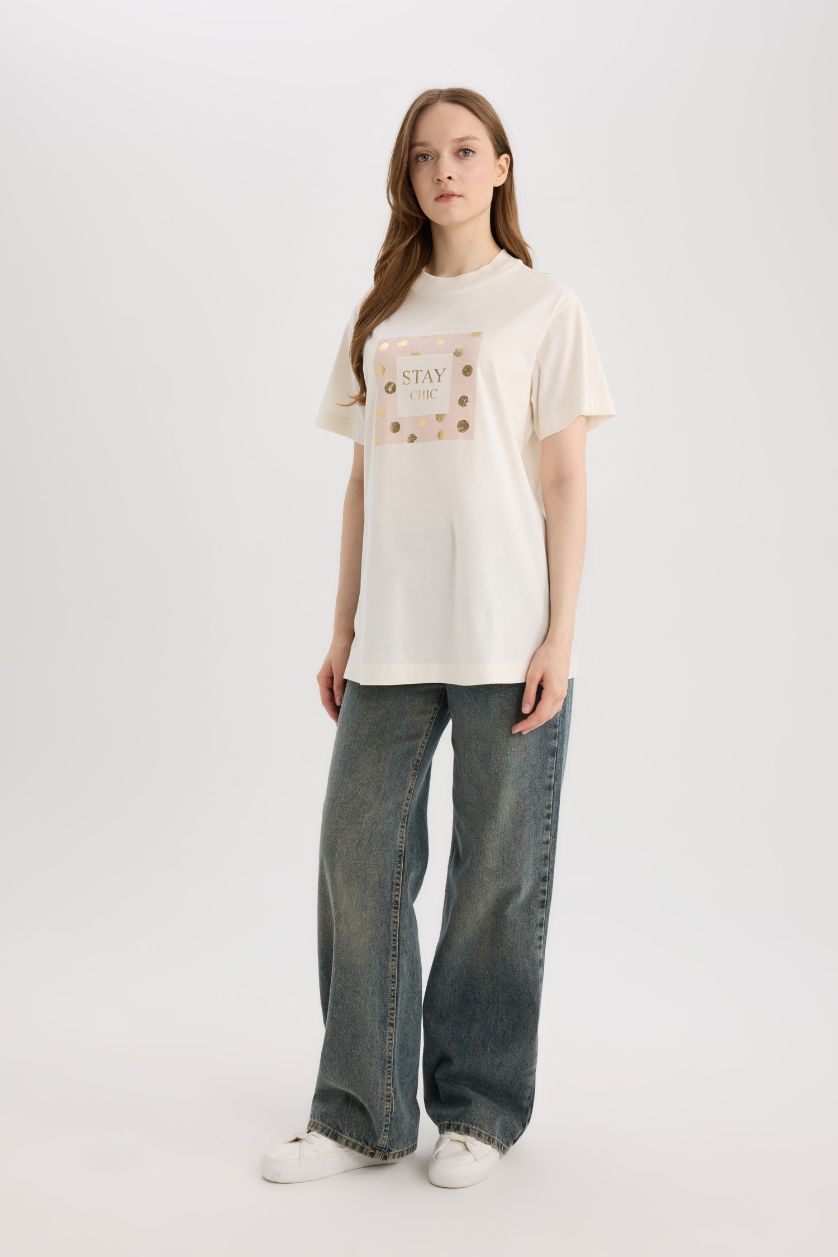 Woman Ecru Relax Fit Crew Neck Printed Short Sleeve Tunic