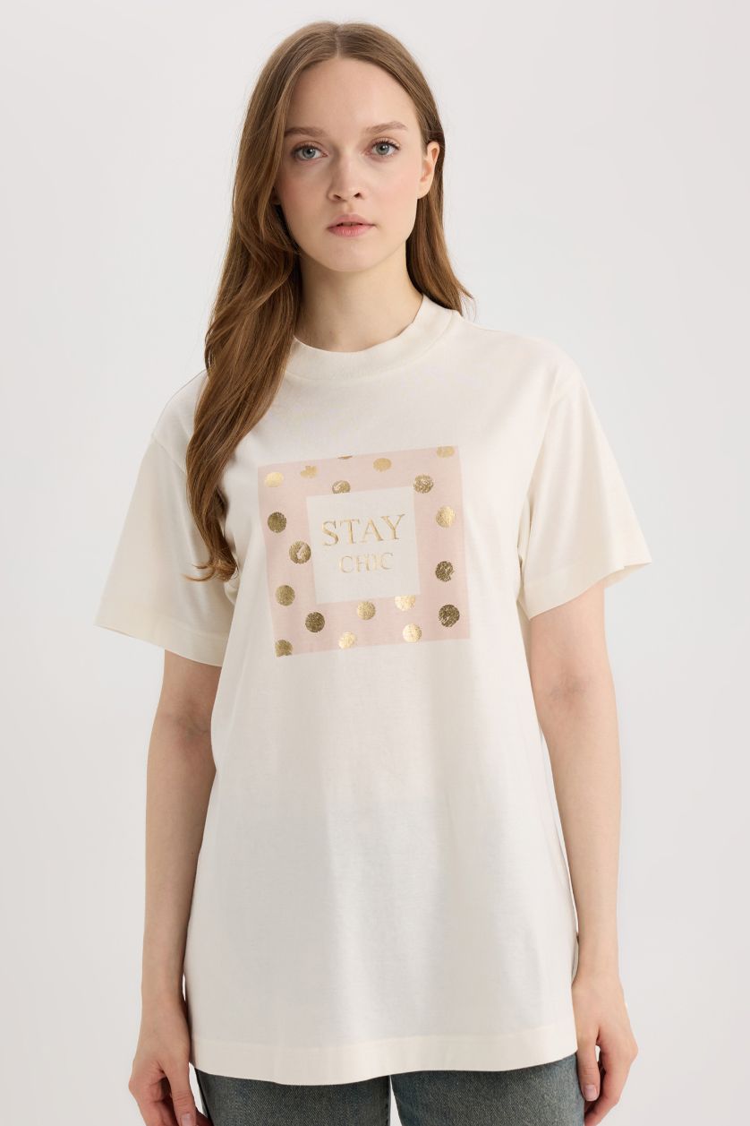 Woman Ecru Relax Fit Crew Neck Printed Short Sleeve Tunic