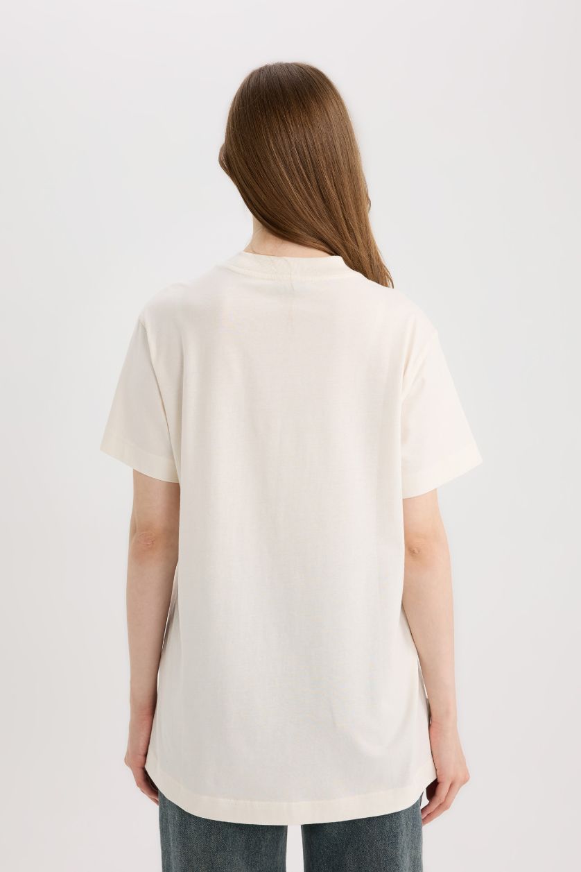 Woman Ecru Relax Fit Crew Neck Printed Short Sleeve Tunic