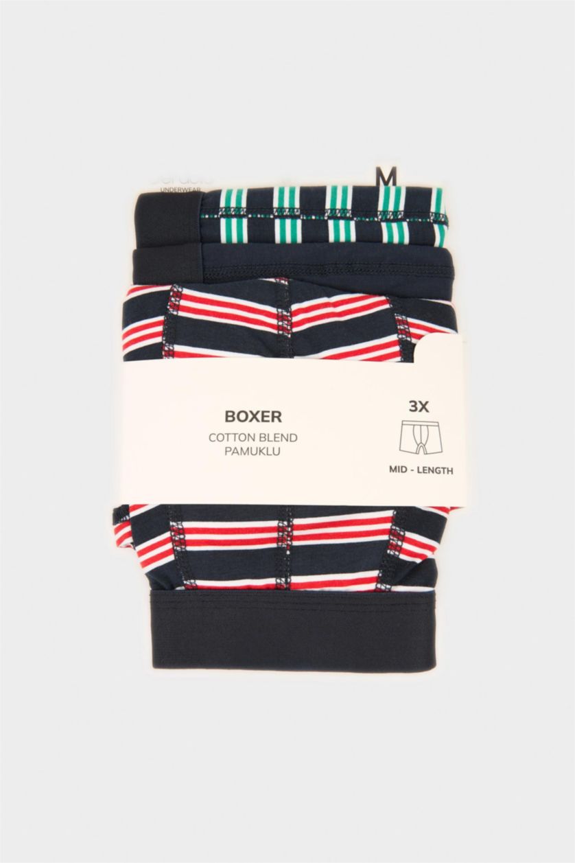 Erkek Lacivert Regular Fıt Çizgili 3'lü Boxer