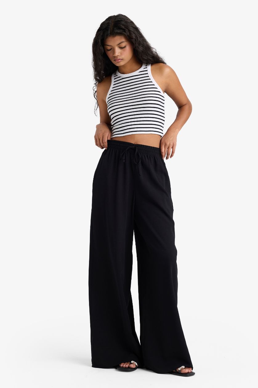 FEMME Noir Pantalon large taille haute en lin mélangé