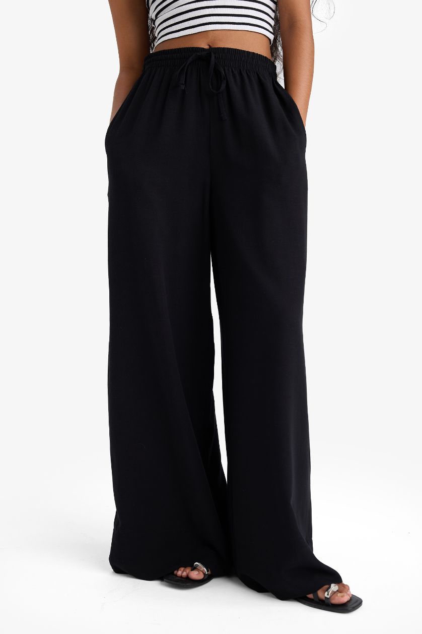 FEMME Noir Pantalon large taille haute en lin mélangé