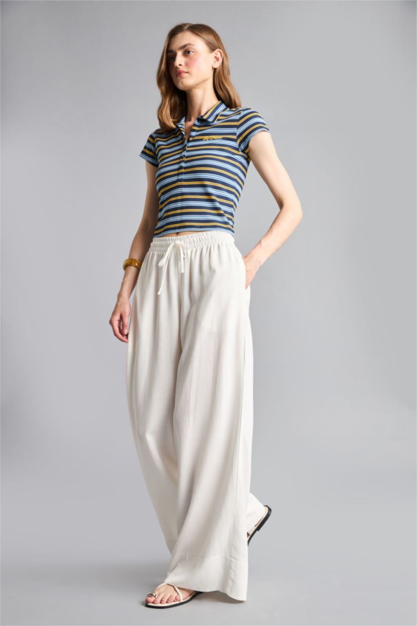 Women Ecru High Waist Wide Leg Trousers