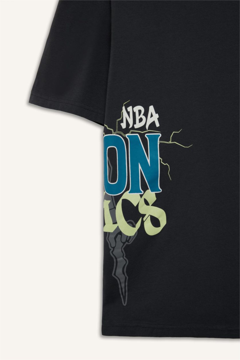 Erkek Antrasit NBA Boston Celtics Oversize Geniş Kalıp Bisiklet Yaka Kısa Kollu Tişört