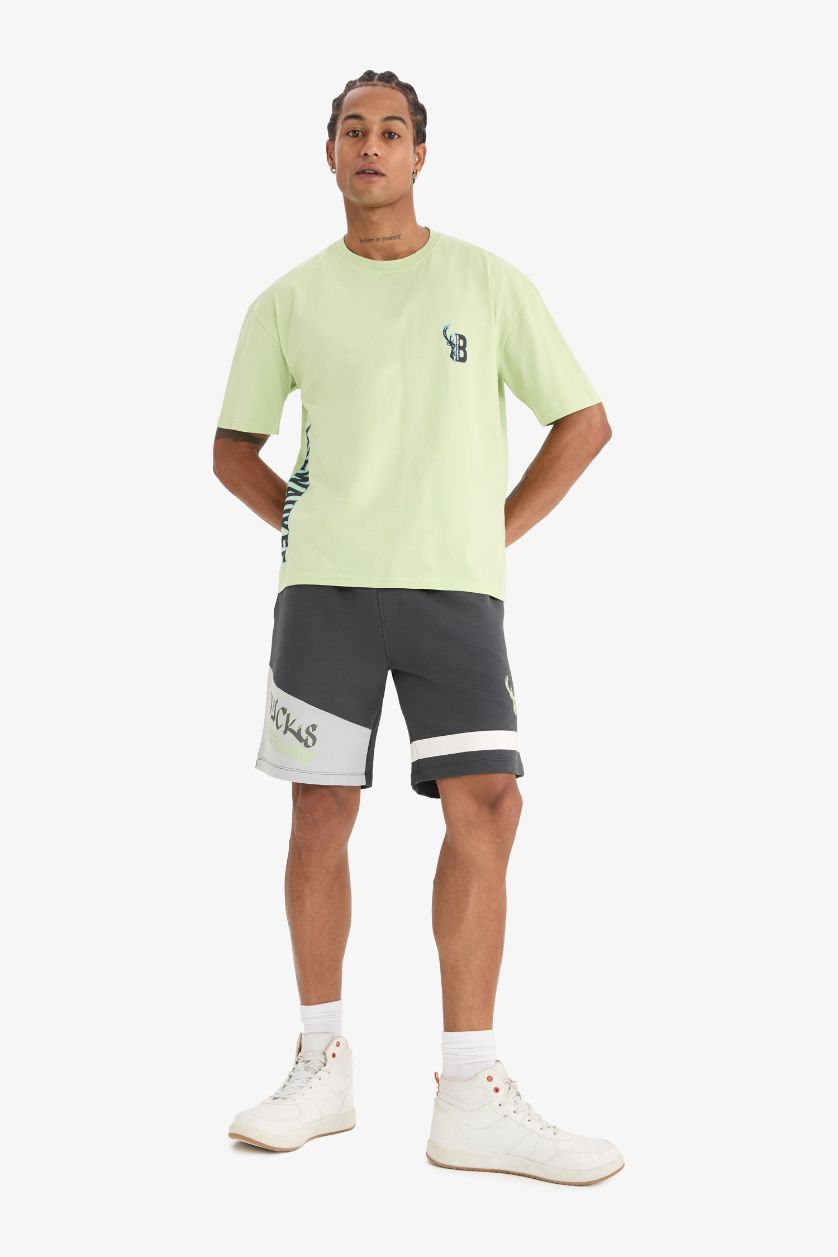 Erkek Açık Yeşil NBA Milwaukee Bucks Oversize Geniş Kalıp Bisiklet Yaka Sırt Baskılı Kısa Kollu Tişört