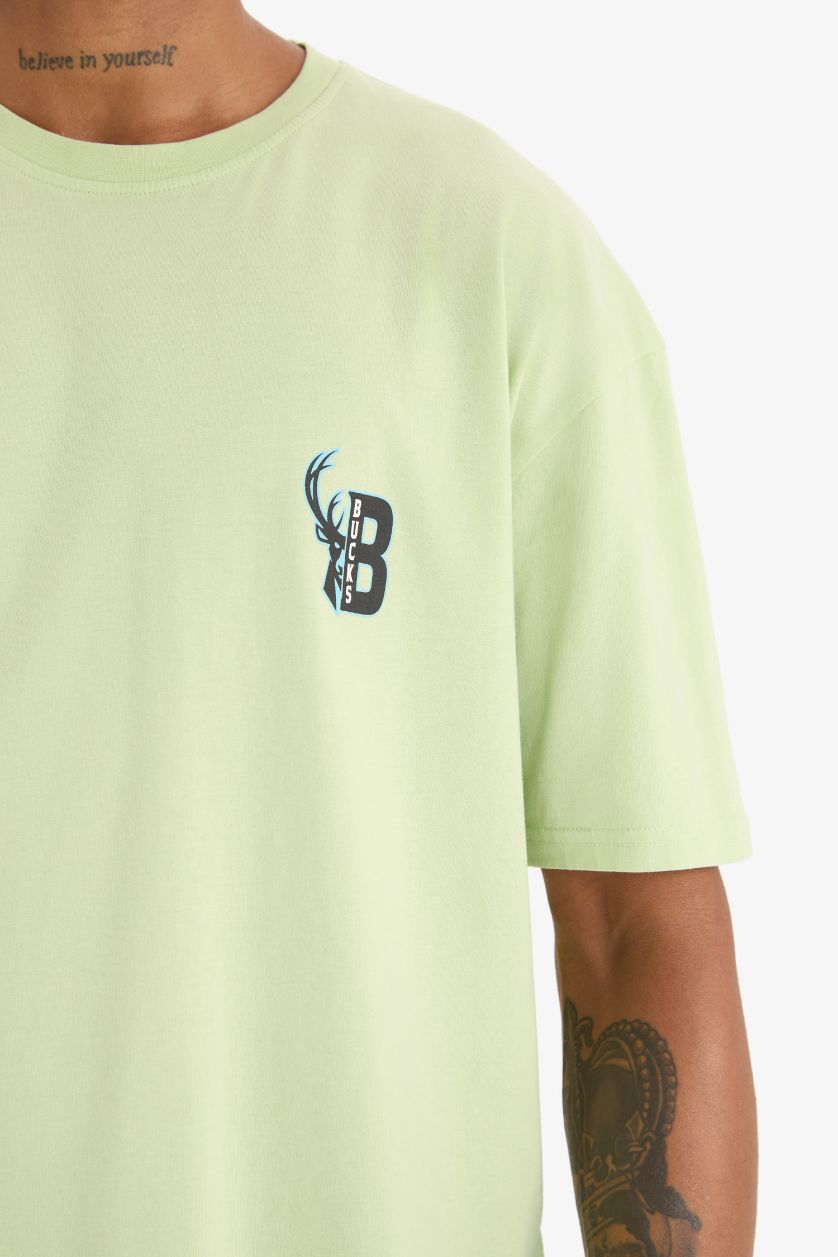 Erkek Açık Yeşil NBA Milwaukee Bucks Oversize Geniş Kalıp Bisiklet Yaka Sırt Baskılı Kısa Kollu Tişört