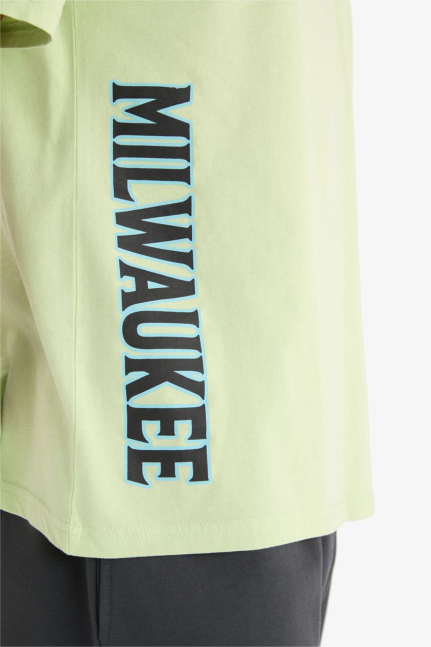 Erkek Açık Yeşil NBA Milwaukee Bucks Oversize Geniş Kalıp Bisiklet Yaka Sırt Baskılı Kısa Kollu Tişört