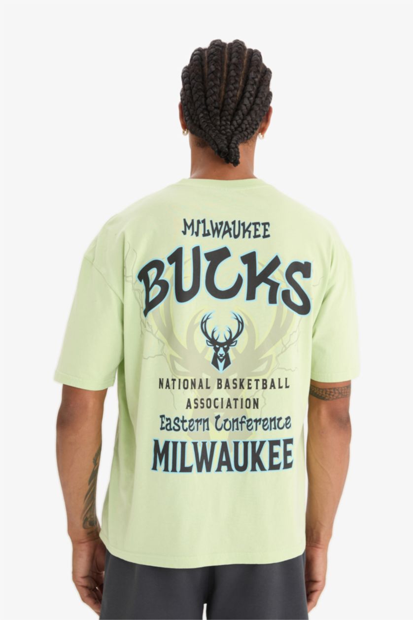Erkek Açık Yeşil NBA Milwaukee Bucks Oversize Geniş Kalıp Bisiklet Yaka Sırt Baskılı Kısa Kollu Tişört