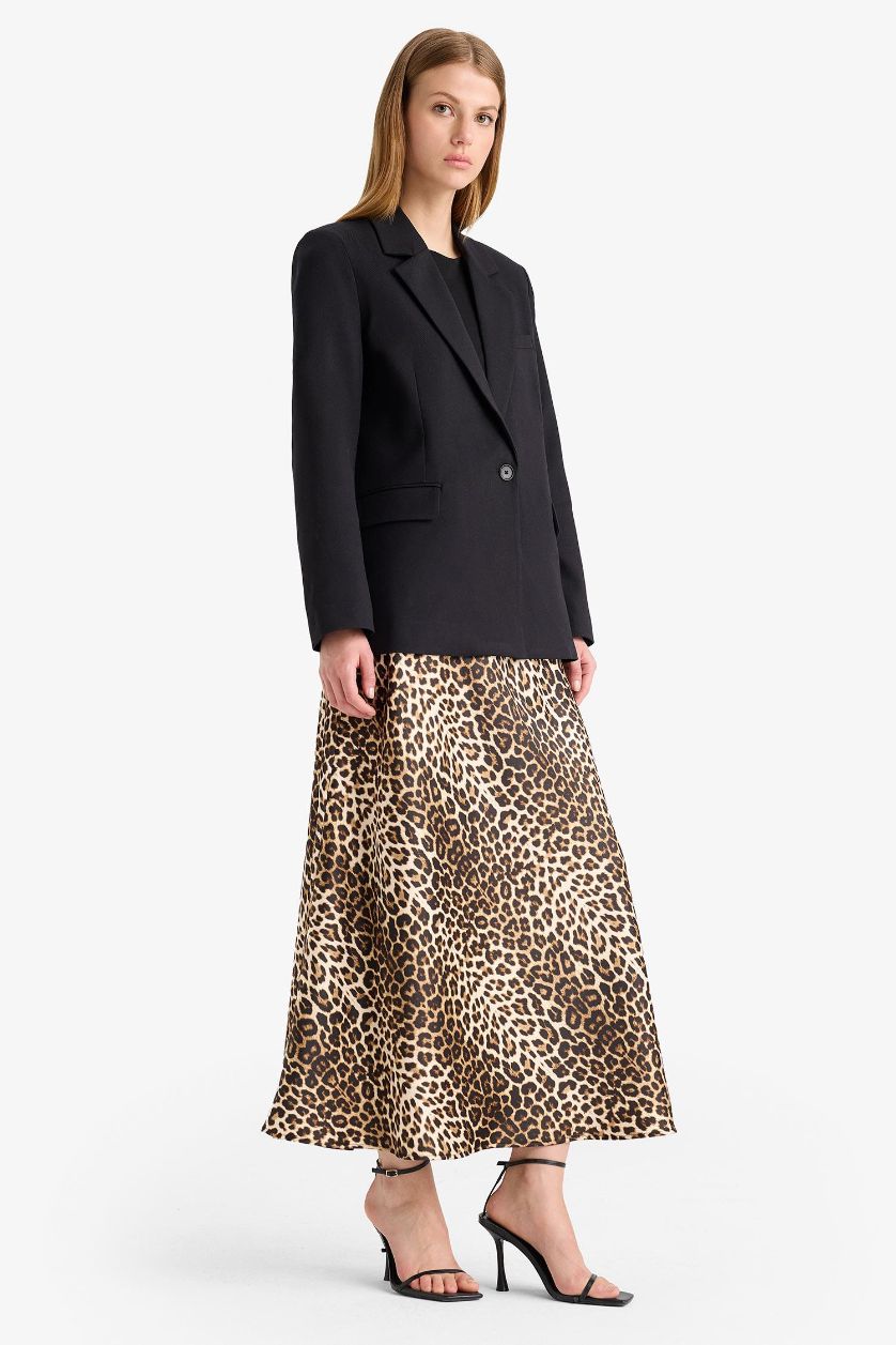 Woman Black A Cut Animal Print Satin High Waist Maxi Skirt