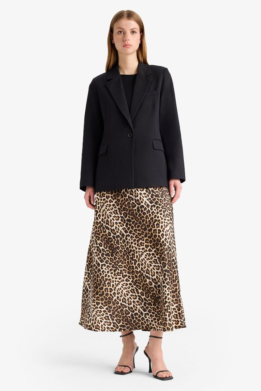 Woman Black A Cut Animal Print Satin High Waist Maxi Skirt
