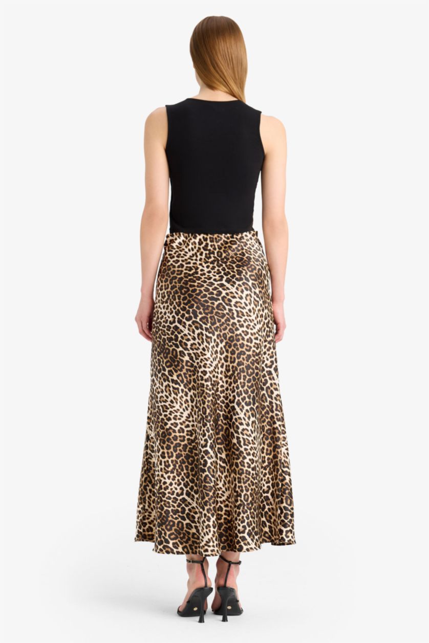 Woman Black A Cut Animal Print Satin High Waist Maxi Skirt