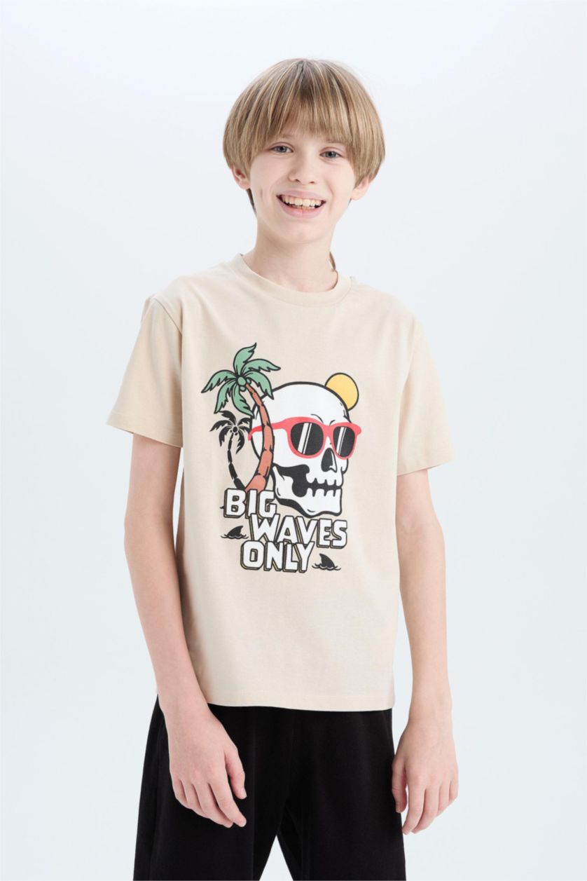 Erkek Çocuk - Genç Erkek Bej %100 Pamuklu Regular Fıt Baskılı Beli Lastikli Pijama Takımı Erkek Çocuk