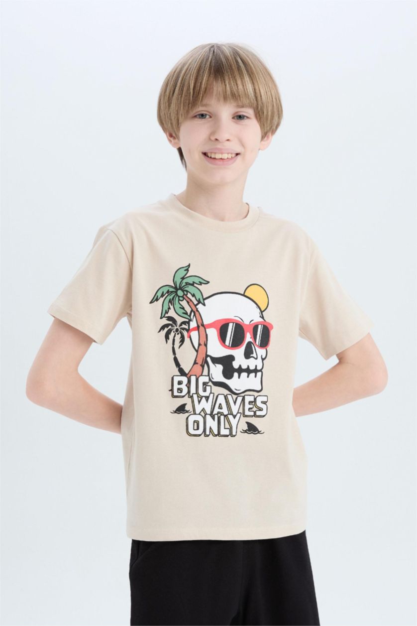 Erkek Çocuk - Genç Erkek Bej %100 Pamuklu Regular Fıt Baskılı Beli Lastikli Pijama Takımı Erkek Çocuk