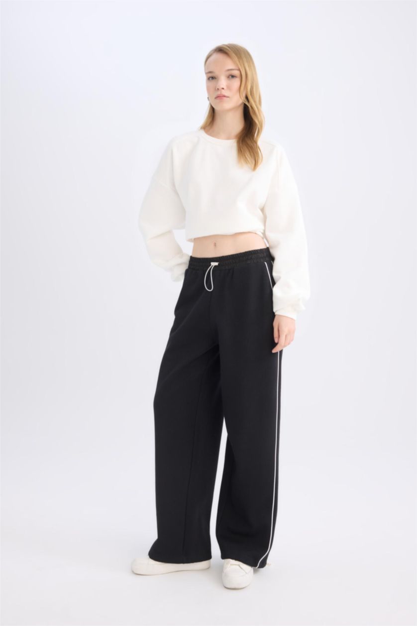 FEMME Noir Pantalon de survêtement Large à taille élastique ajustable avec bandes latérales