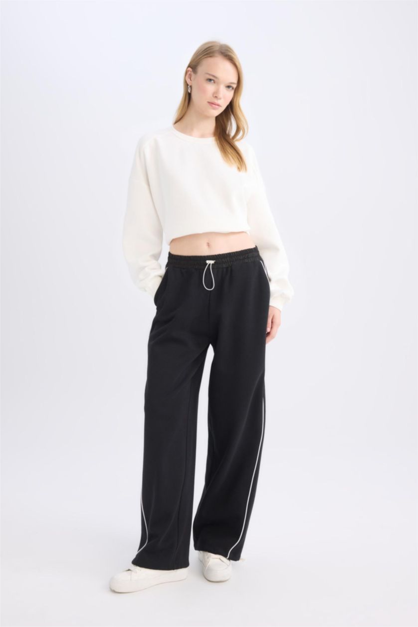 FEMME Noir Pantalon de survêtement Large à taille élastique ajustable avec bandes latérales